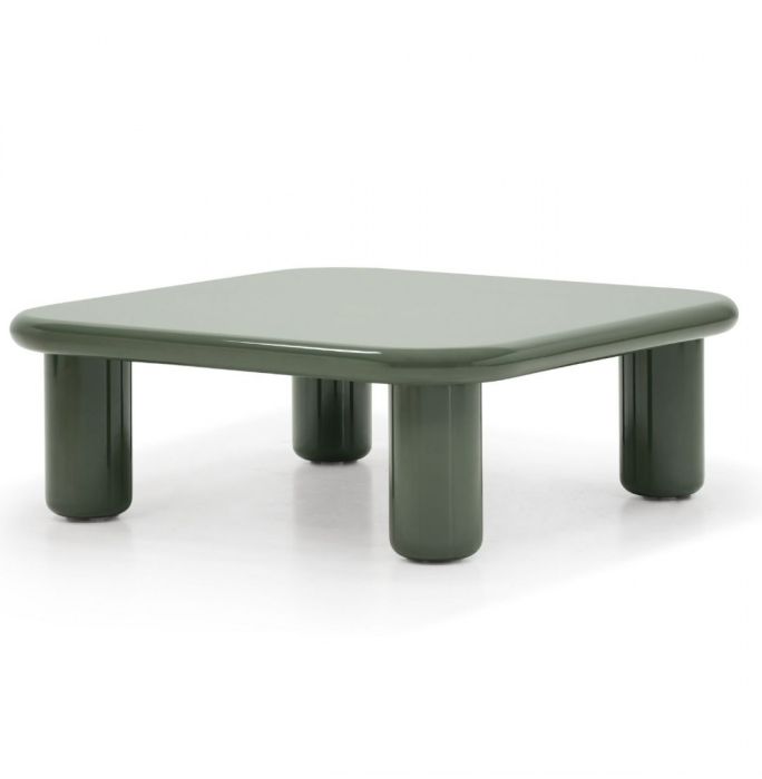 Mesa de centro cuadrada estilo moderno en fibra de vidrio verde oliva.