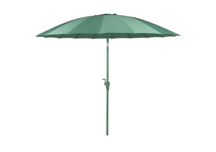 Sombrilla moderna en tela y metal verde.