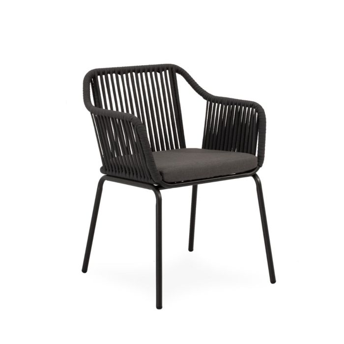 Silla de exterior étnica en acero galvanizado antracita, cuerda gris oscuro y cojín en tejido gris oscuro.