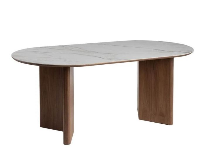 Mesa de comedor nórdico moderno con sobre de cerámica blanco y base de dm nogal.
