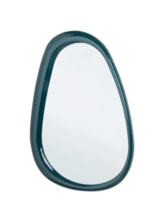 Espejo de forma ovalada diseño moderno en dm azul oscuro brillante y vidrio.
