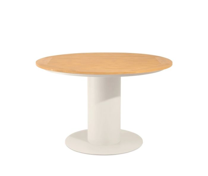 Mesa de comedor exterior nórdica en polimadera natural y acero galvanizado beige.