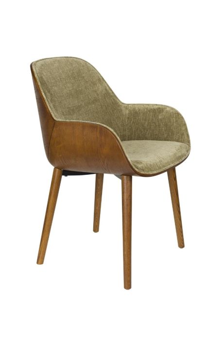 Silla moderna en madera de fresno marrón tapizada en tejido verde.