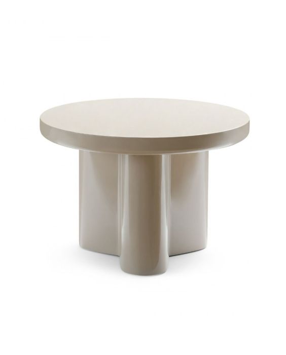 Mesa auxiliar redonda de diseño moderno en fibra de vidrio alto brillo beige.