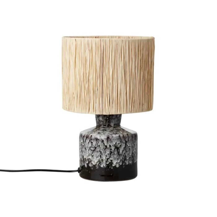 Lámpara de mesa volcánica étnica marrón oscuro y multicolor.