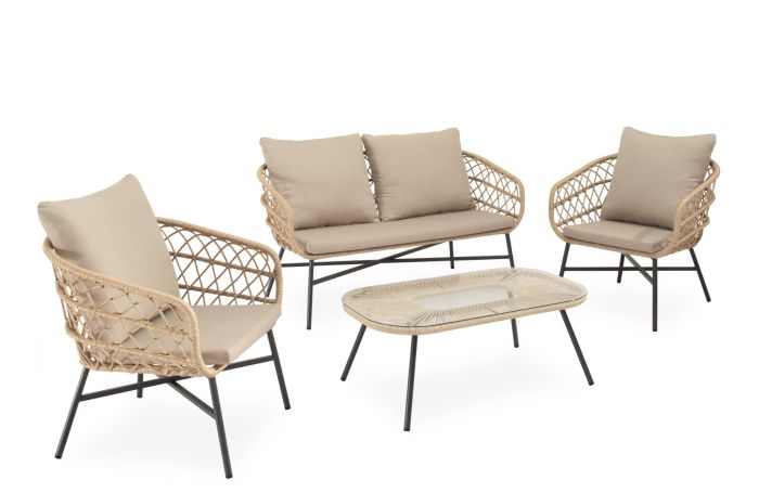 Conjunto de jardín tropical un sofá, sillones y una mesa de centro en cuerda beige, acero negro y cristal templado.