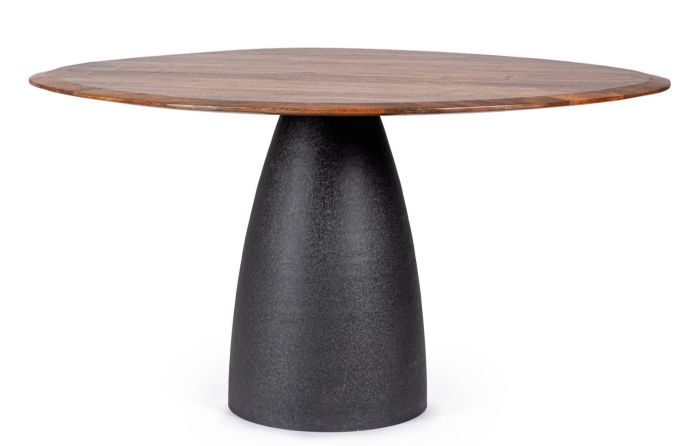 Mesa de comedor contemporánea con sobre de madera de mango natural y base de acero negro.