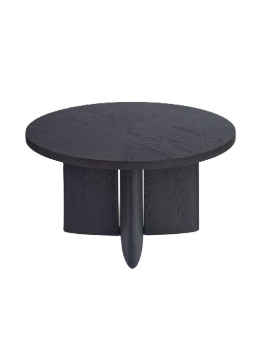 Mesa de comedor diseño moderno en madera de roble negro y marrón con pata central.