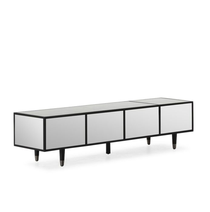 Mueble de TV art decó en madera negra con espejos revestidos transparentes.