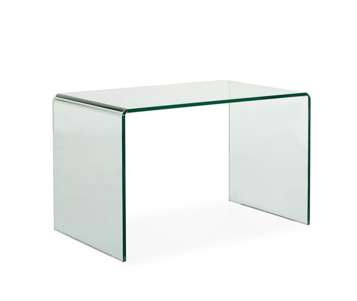 Mesa de despacho moderna en cristal transparente.