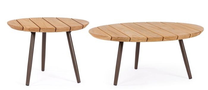 Set 2 mesa centro jardín con sobre de madera de teca natural y patas de acero marrón.