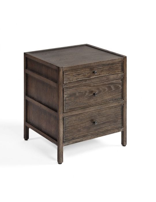 Mesita de noche vintage en madera de roble grisáceo.