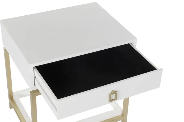 Mesita de Noche Madera Blanco Metal Dorado, 50 Cm