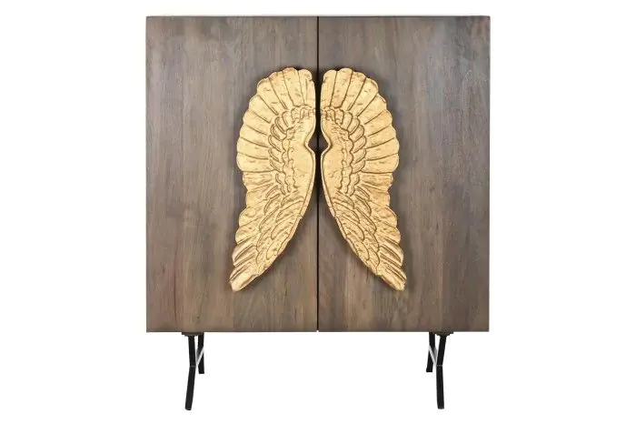 Aparador Estilo Art Decó Marrón Madera Mango Alas Dorado Metal , 100 Cm
