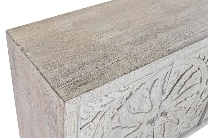Aparador Tallado Mandala Madera Mango Blanco Metal, 150 Cm