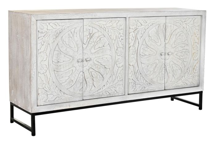 Aparador Tallado Mandala Madera Mango Blanco Metal, 150 Cm