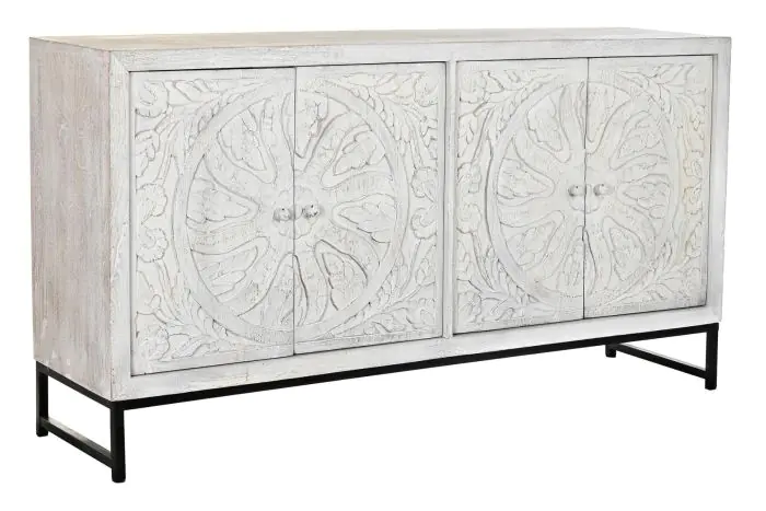 Aparador Tallado Mandala Madera Mango Blanco Metal, 150 Cm