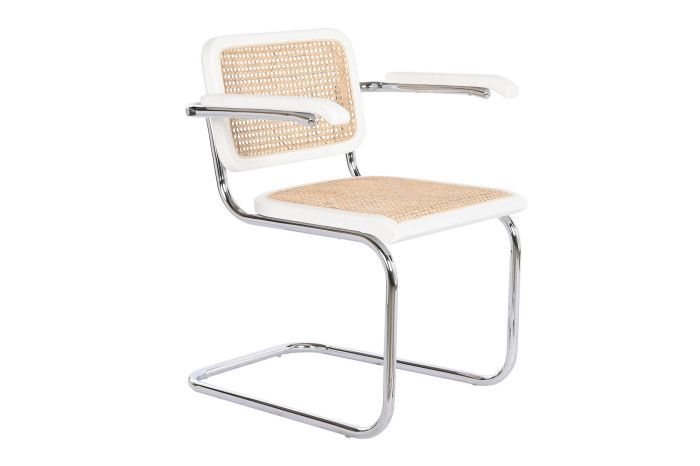 Silla nórdica en madera de olmo blanca, ratán natural y acero plateado.