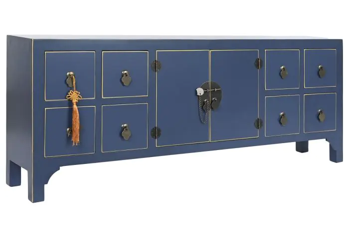 Mueble TV Madera Azul Dorado 8 cajones, 130 Cm