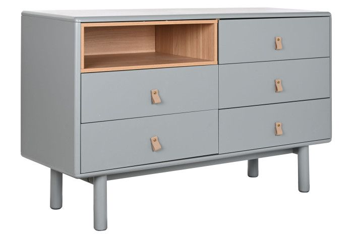 Cómoda moderna en madera gris mate y natural.
