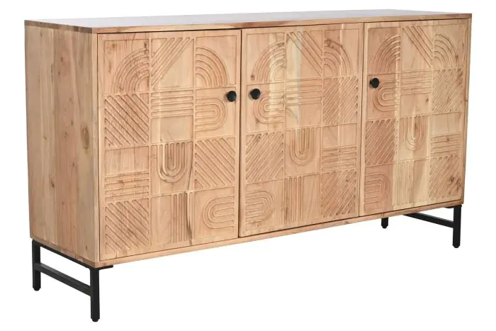 Aparador Madera Tallada natural Hierro 3 Puertas, 145 Cm