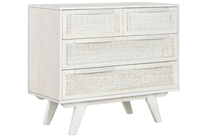 Cómoda Madera Ratán Blanco Roto 4 Cajones, 85 Cm
