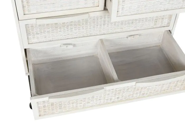 Cómoda Madera Ratán Blanco Roto 4 Cajones, 85 Cm