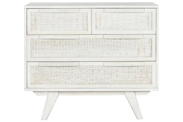 Cómoda Madera Ratán Blanco Roto 4 Cajones, 85 Cm
