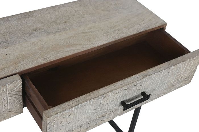 Consola Madera Mango Tallado Blanco Metal, 120 Cm