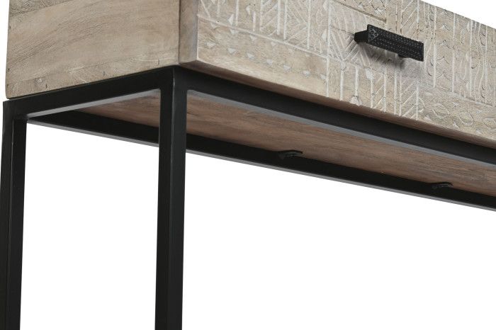 Consola Madera Mango Tallado Blanco Metal, 120 Cm