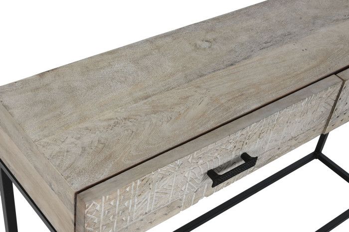 Consola Madera Mango Tallado Blanco Metal, 120 Cm