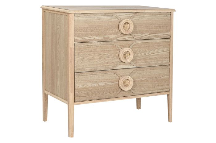 Cómoda nórdica en madera de abeto y rejillas de ratán natural.