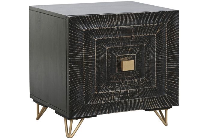 Mesita de noche art decó en madera de mango negra y metal dorado.