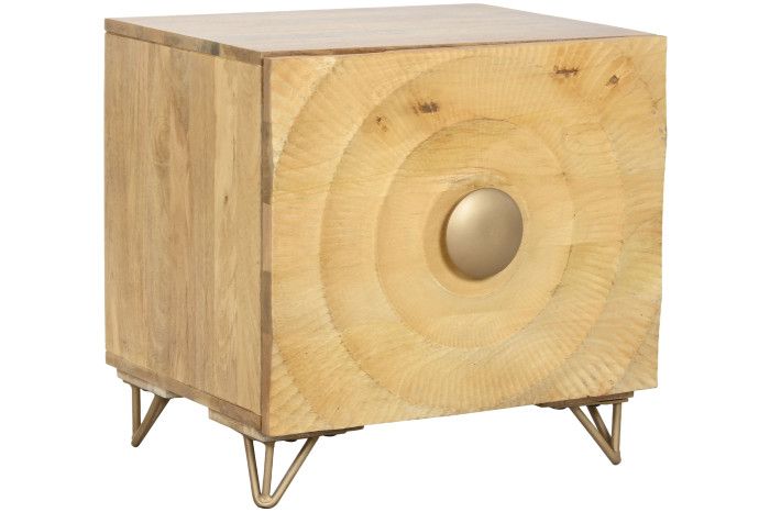 Mesita de noche art decó en madera de mango natural y metal dorado.