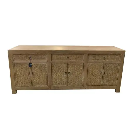 Aparador 6 Puertas 3 Cajones Ratán Madera Olmo Macizo, 215 Cm