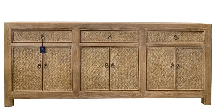 Aparador 6 Puertas 3 Cajones Ratán Madera Olmo Macizo, 215 Cm