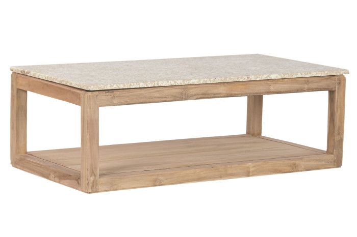 Mesa de centro nórdico en madera reciclada natural y sobre de mármol beige.