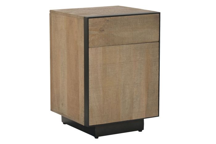 Mesita de noche industrial en madera de mango natural arenado y metal negro.