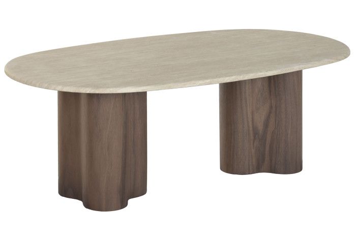Mesa de centro nórdica moderna con sobre de granito beige y patas de madera marrón.