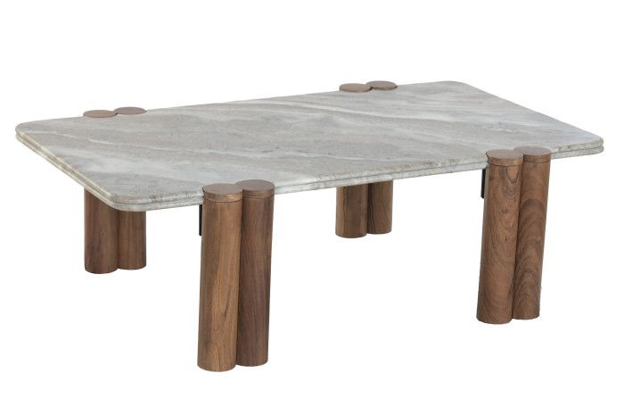 Mesa de centro nórdica moderna con sobre de mármol gris y patas de madera de mango marrón.