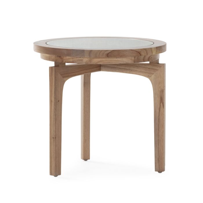 Mesa auxiliar en madera de cedro natural velado y sobre circular de cristal 50 cm