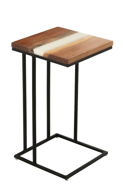 Mesa auxiliar en madera de acacia natural, resina blanca y metal negro.