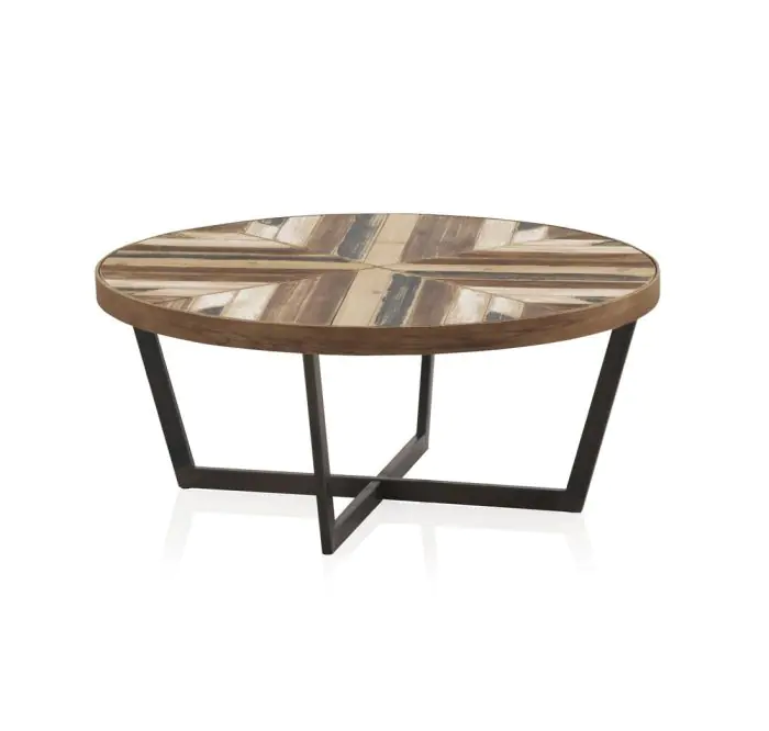 Mesa Centro Industrial Redonda Madera Metal Ø 80 Cm