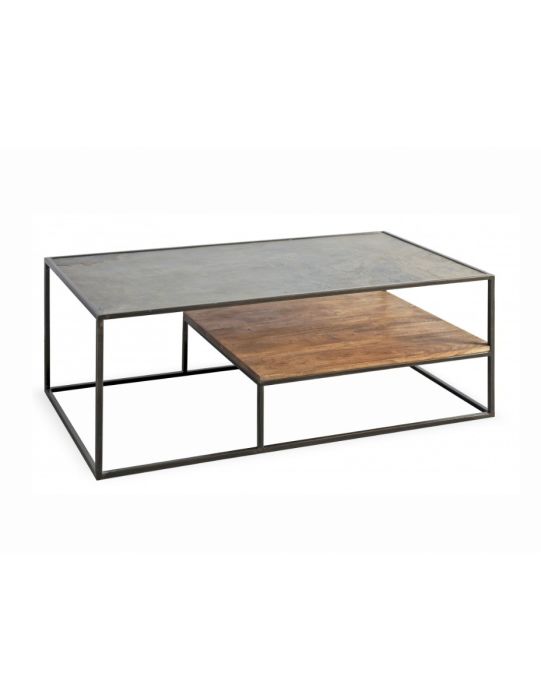 Mesa Centro Stone Color Negro Piedra Metal Madera Acacia, 120 Cm