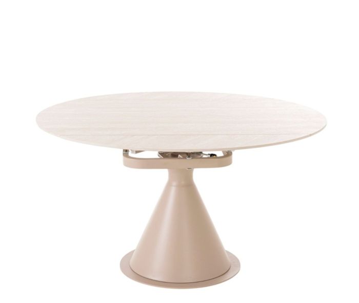 Mesa de comedor extensible en mármol natural y metal beige.