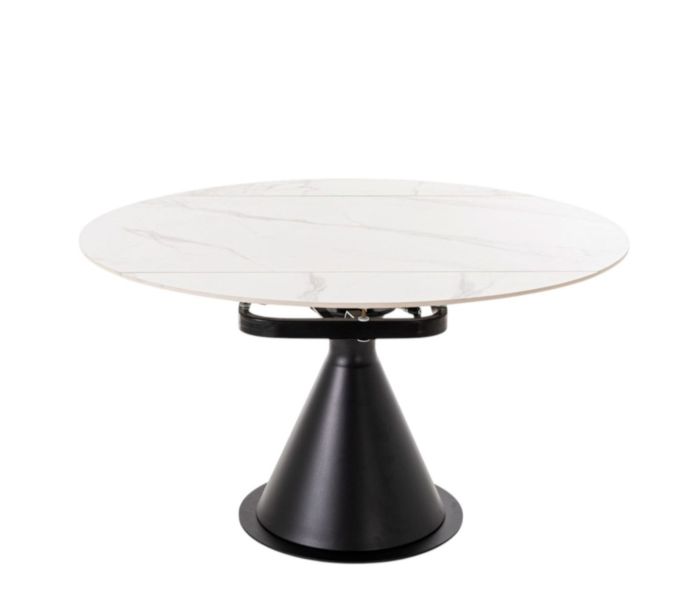 Mesa de comedor extensible en porcelánico blanco y metal negro.