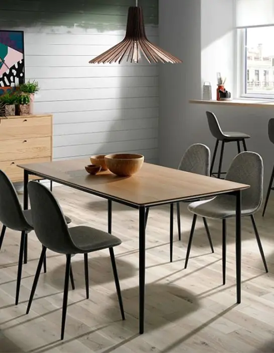 Mesa Comedor Fija Madera Roble Patas Metal Negro, 160 Cm