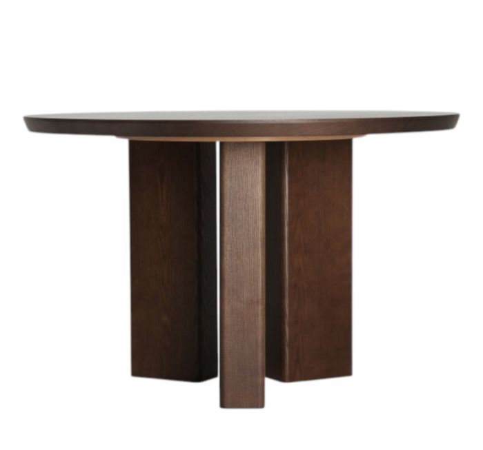 Mesa de comedor redonda en madera dm y chapa de fresno marrón.