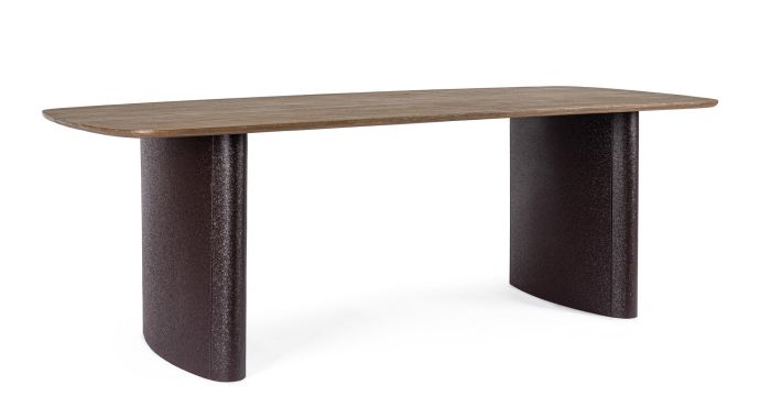 Mesa de comedor en madera de mango marrón y acero efecto piedra oscuro.