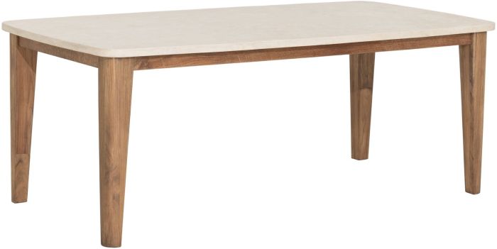 Mesa de comedor en madera de teca reciclada natural y sobre en mortero blanco.